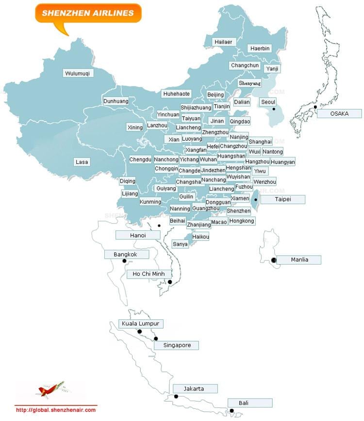 žemėlapis Shenzhen airlines maršrutų