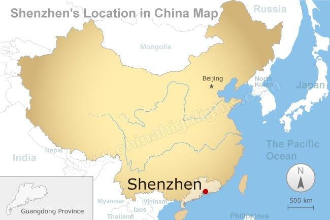 Shenzhen vietą Kinijoje žemėlapyje